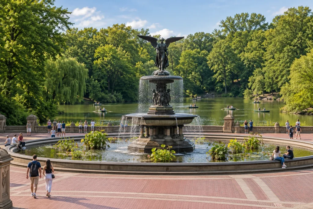 Bethesda Fountain at Central Park, with the lake, rowboats, and leafy trees behind it.
