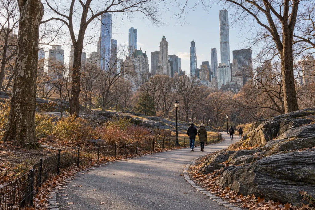 Winter illustration of a Central Park walking path with bare trees and Midtown buildings in the distance.