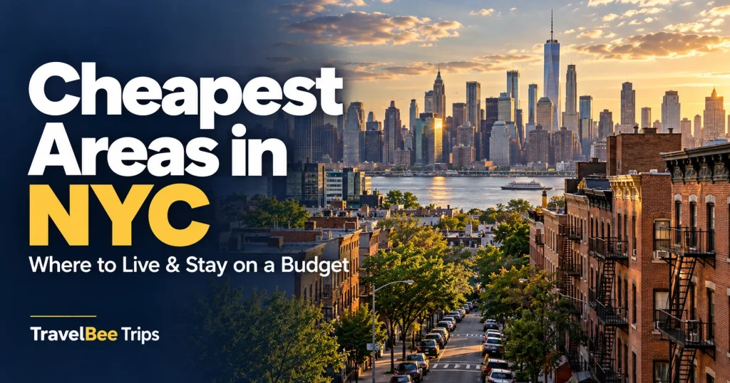 NYC skyline and neighborhood street at sunset with the title “Cheapest Areas in NYC.”