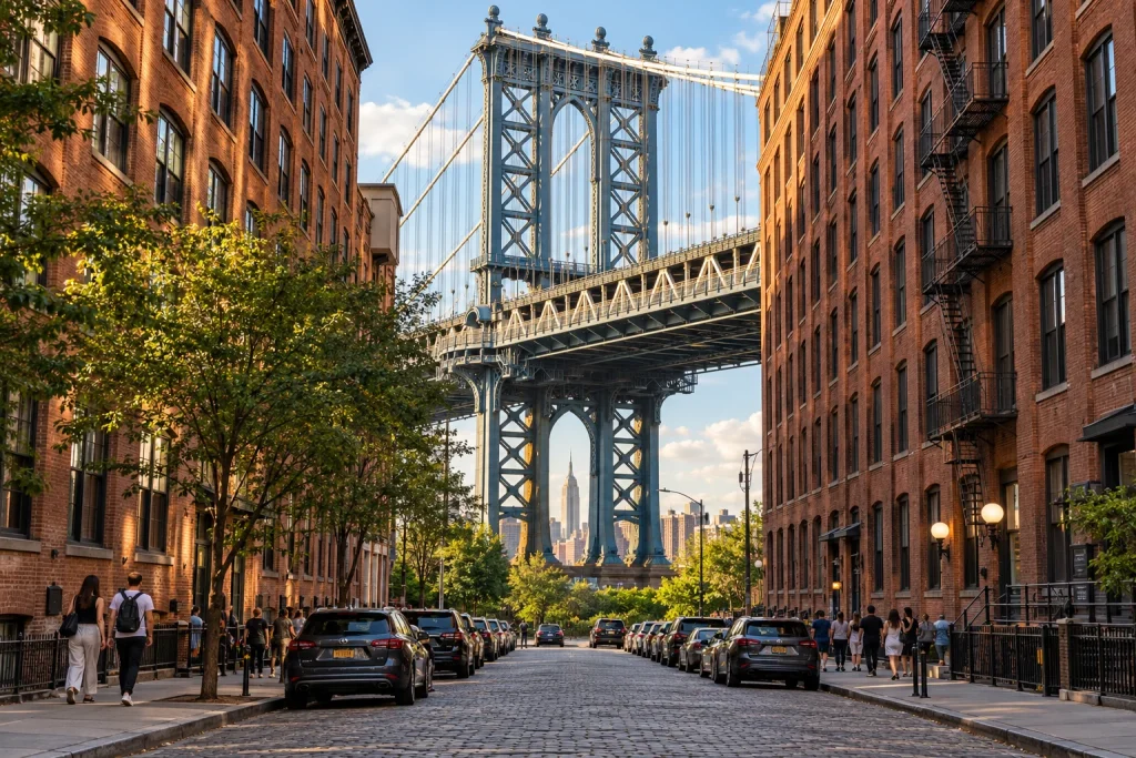 Manhattan Bridge framed by red-brick buildings in DUMBO, with the Empire State Building visible through its opening
