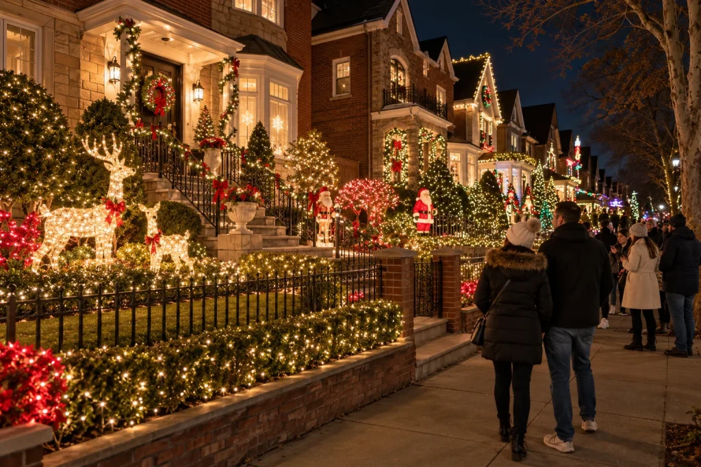 Illustration of Brooklyn homes decorated with Christmas lights and visitors walking along the sidewalk.