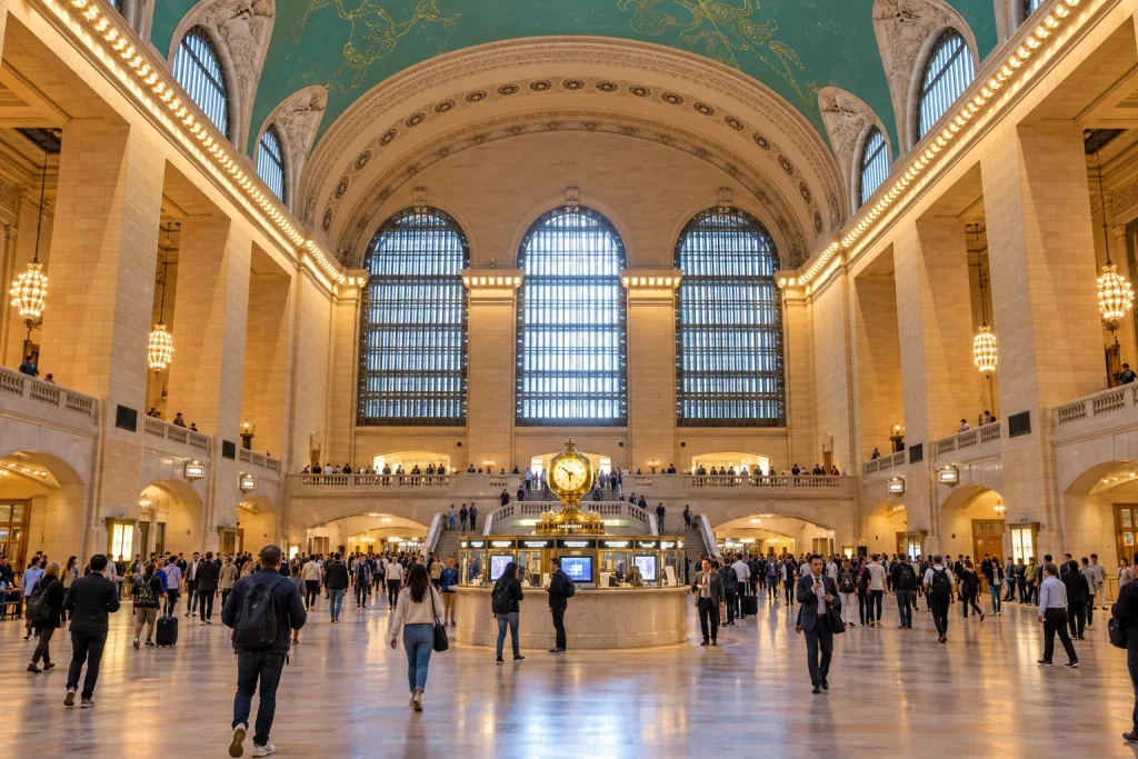 Grand Central Terminal’s main hall with its celestial ceiling, arched windows, and central clock.