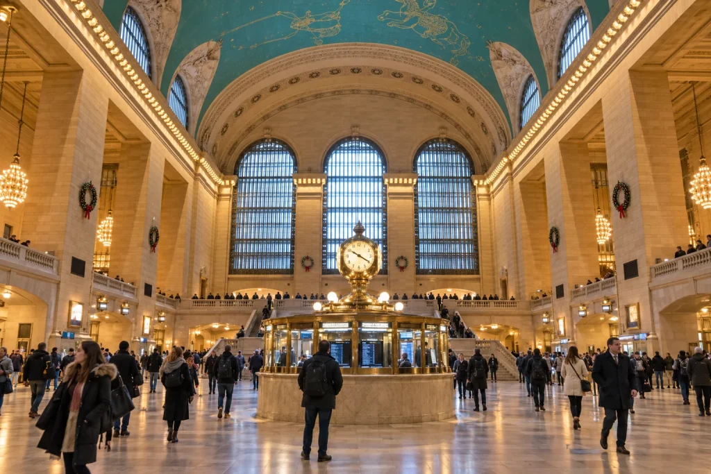 Grand Central Terminal’s Main Concourse with its central clock, turquoise ceiling, arched windows, and travelers in winter coats.