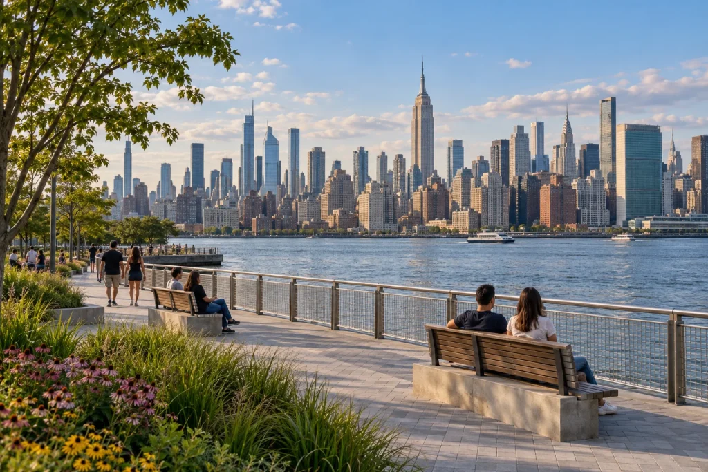Long Island City waterfront walkway overlooking the East River and Midtown Manhattan skyline.