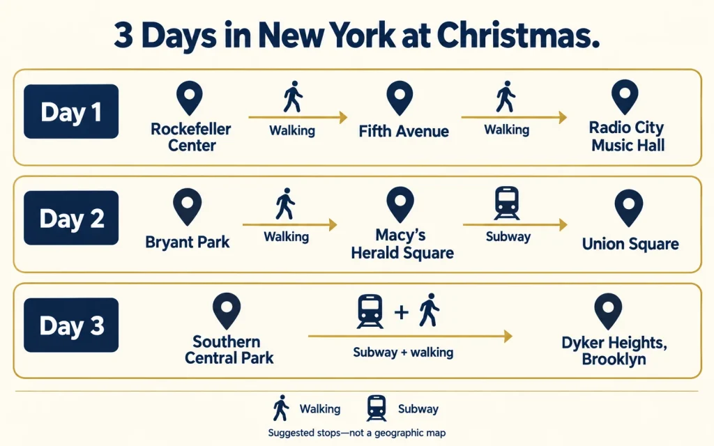 Three-day Christmas itinerary covering Midtown, Bryant Park, Union Square, Central Park, and Dyker Heights.