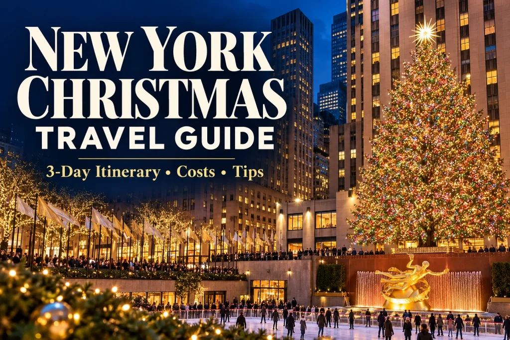 Illustrated Rockefeller Center Christmas scene with a lit tree and the title “New York Christmas Travel Guide