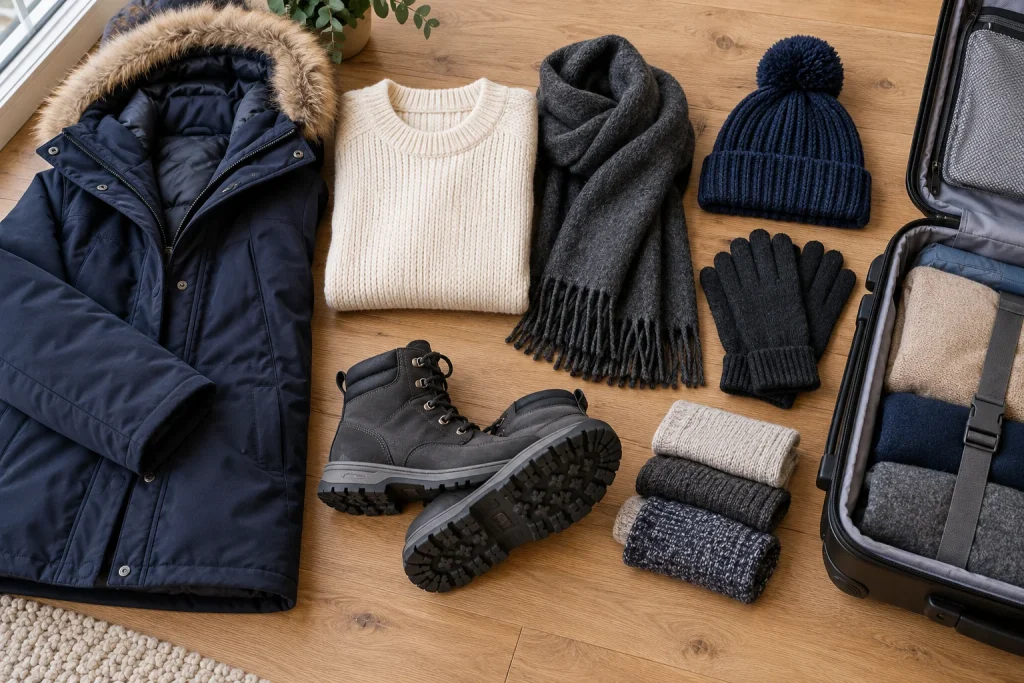 Winter coat, sweater, scarf, gloves, hat, and walking boots laid out beside a suitcase.