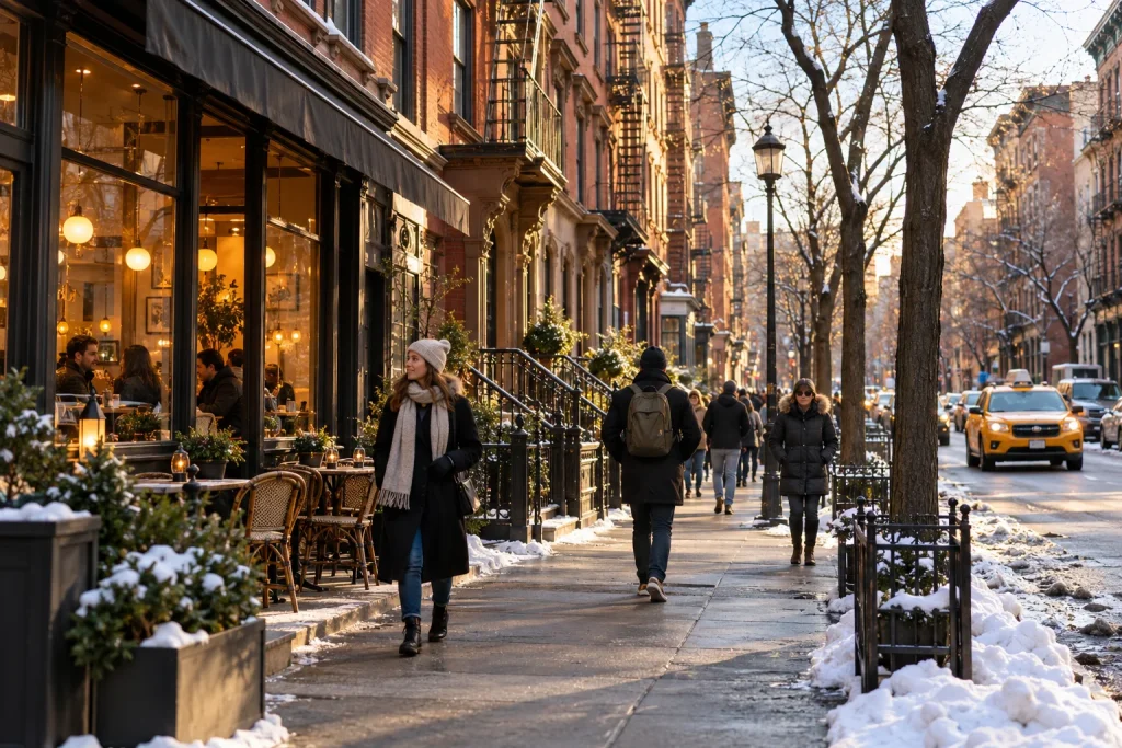 People in winter coats walking past a warmly lit café on a snowy New York City street.