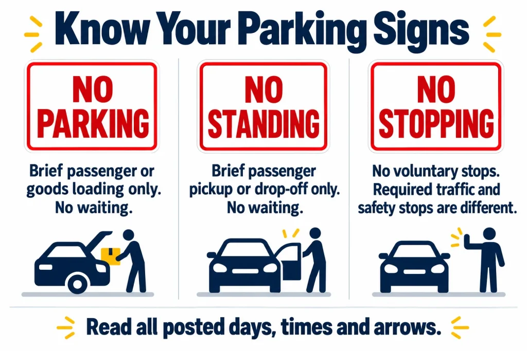 Comparison of No Parking, No Standing, and No Stopping signs with simple explanations.