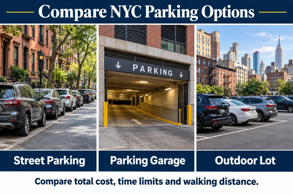 Three-panel comparison of street parking, a parking garage, and an outdoor parking lot in NYC.