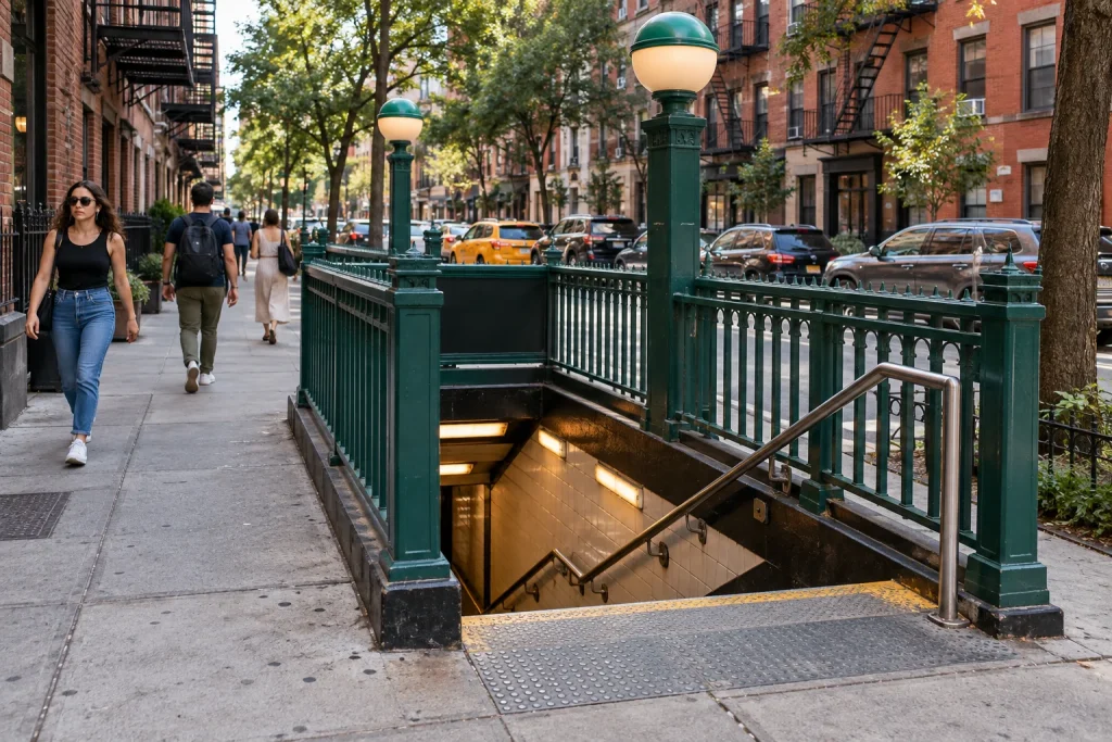 New York City subway entrance with green railings beside a neighborhood sidewalk.