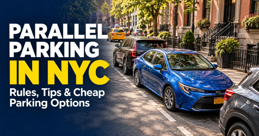Blue sedan parked beside a New York City curb with the title “Parallel Parking in NYC: Rules, Tips & Cheap Parking Options.”