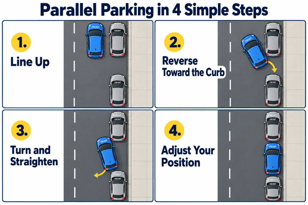 Four-step diagram showing how to reverse into a parallel parking space beside a right-hand curb