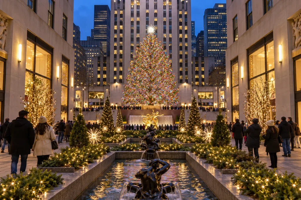 Christmas illustration of Rockefeller Center’s illuminated tree viewed from the Fifth Avenue entrance.