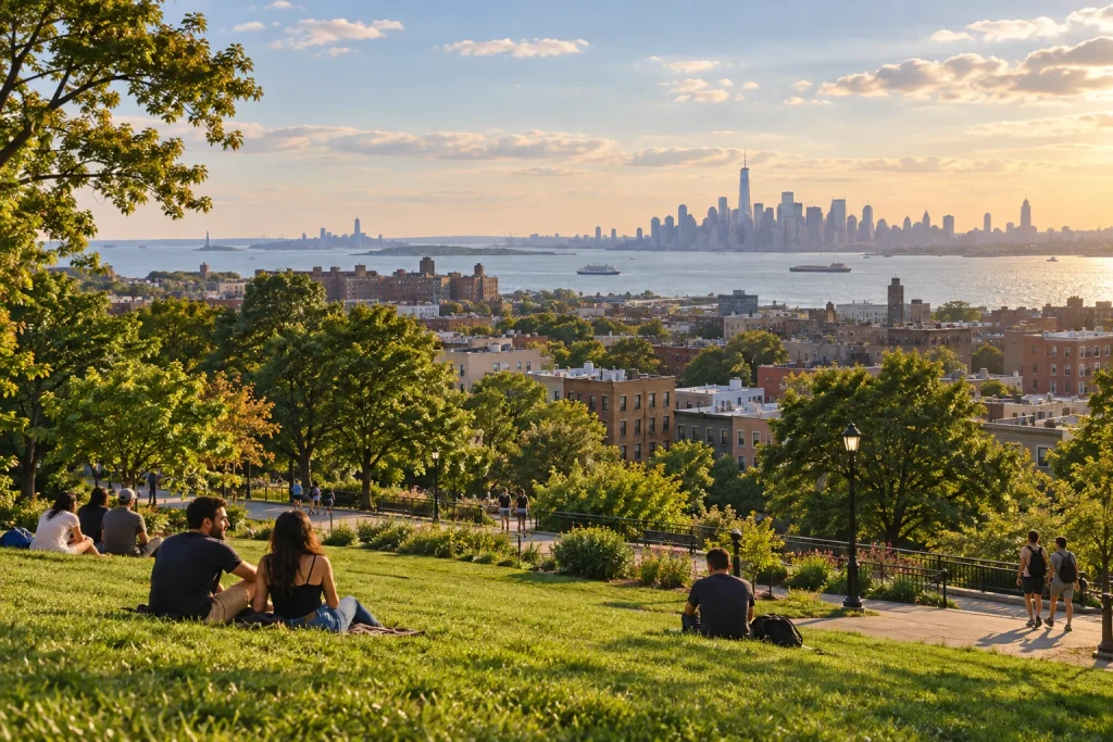 View from Sunset Park in Brooklyn with green lawns, neighborhood buildings, and New York Harbor in the distance.