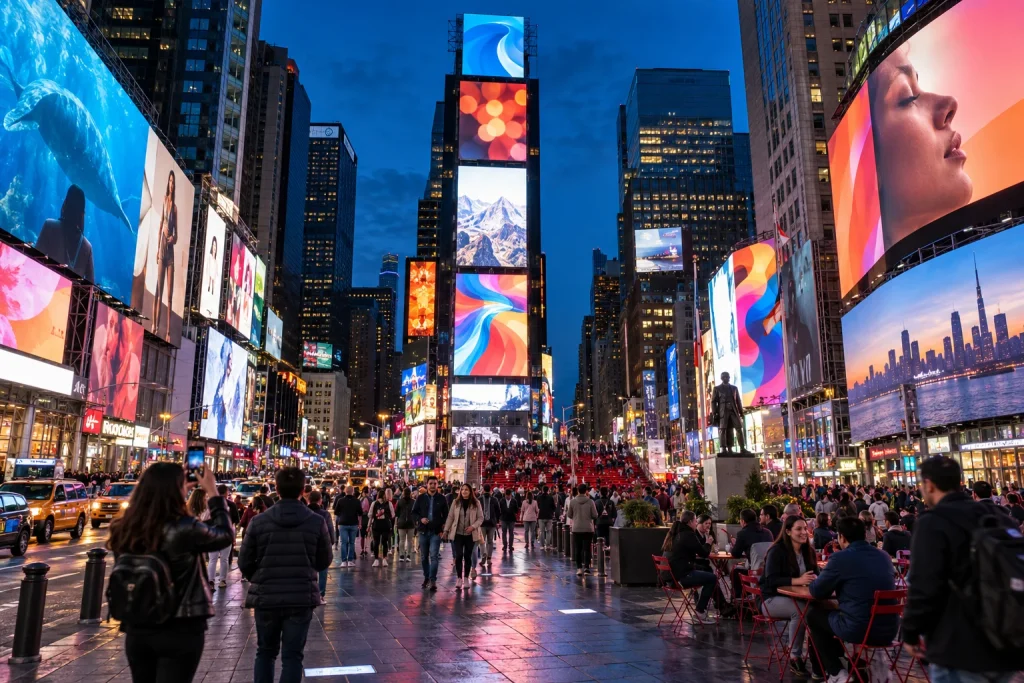 Glowing billboards and visitors in Times Square’s pedestrian plaza at blue hour.