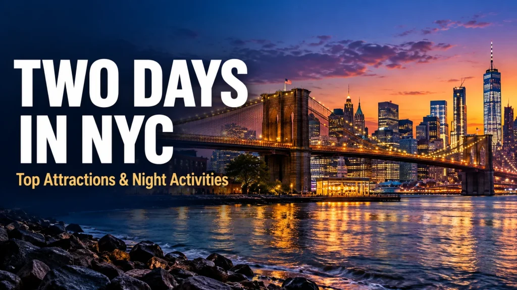 Brooklyn Bridge and Manhattan skyline at dusk with the title “Two Days in NYC.”