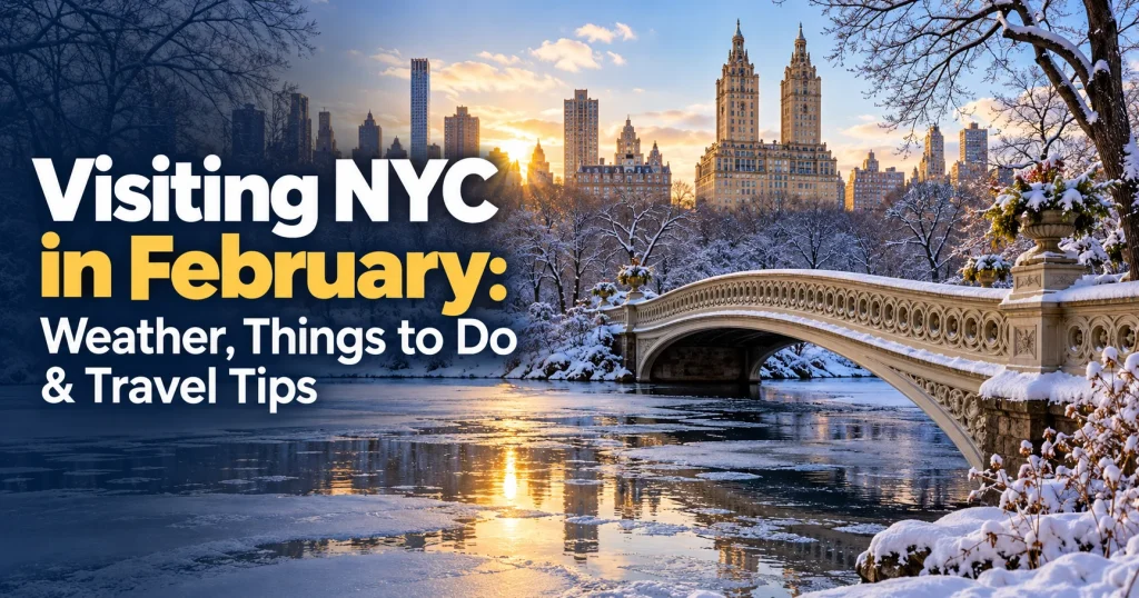 Snow-covered Bow Bridge in Central Park with the Manhattan skyline and a title about visiting NYC in February.