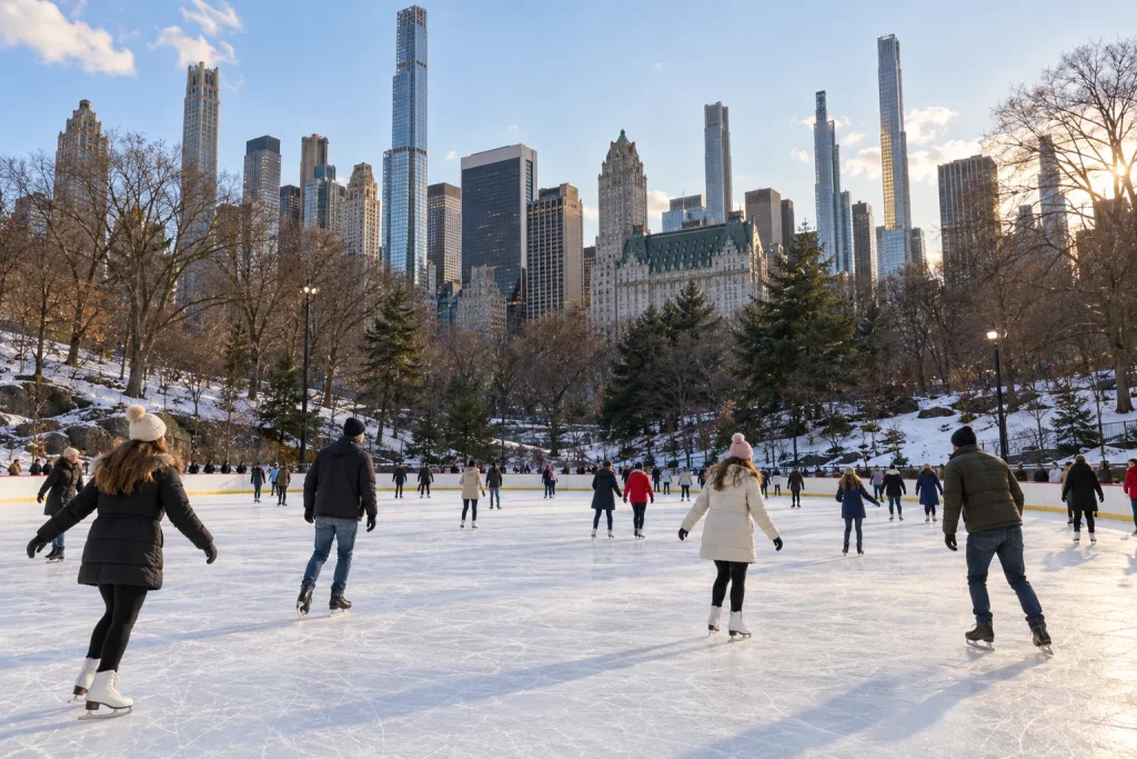 Skaters at Wollman Rink in Central Park with bare winter trees and Manhattan buildings behind them.